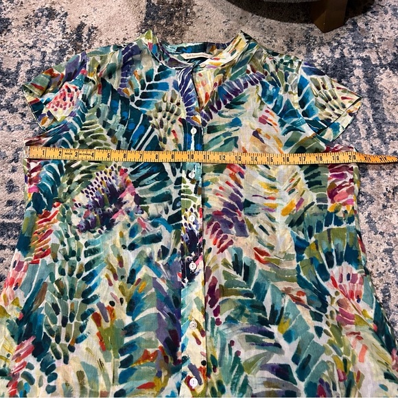 Soft Surroundings Anthea Multi-Color Hawaiian Palm Button Up Short Sleeve Blouse - Picture 8 of 10